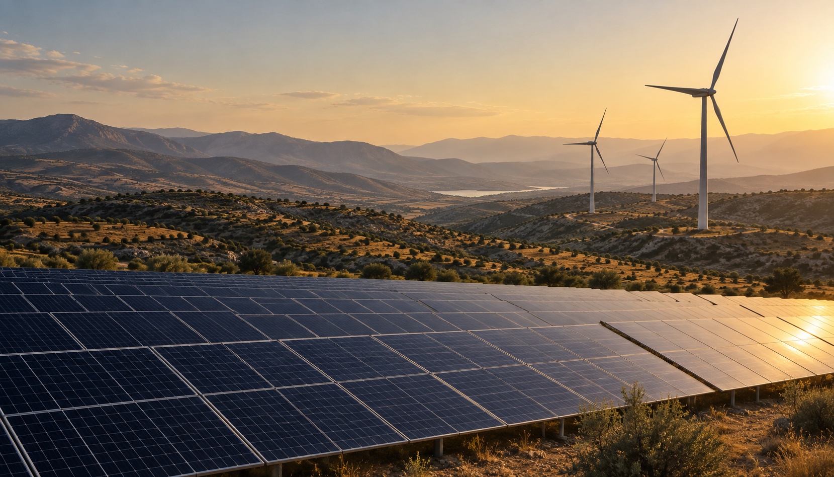 Illustrative solar panels and wind turbines at golden hour