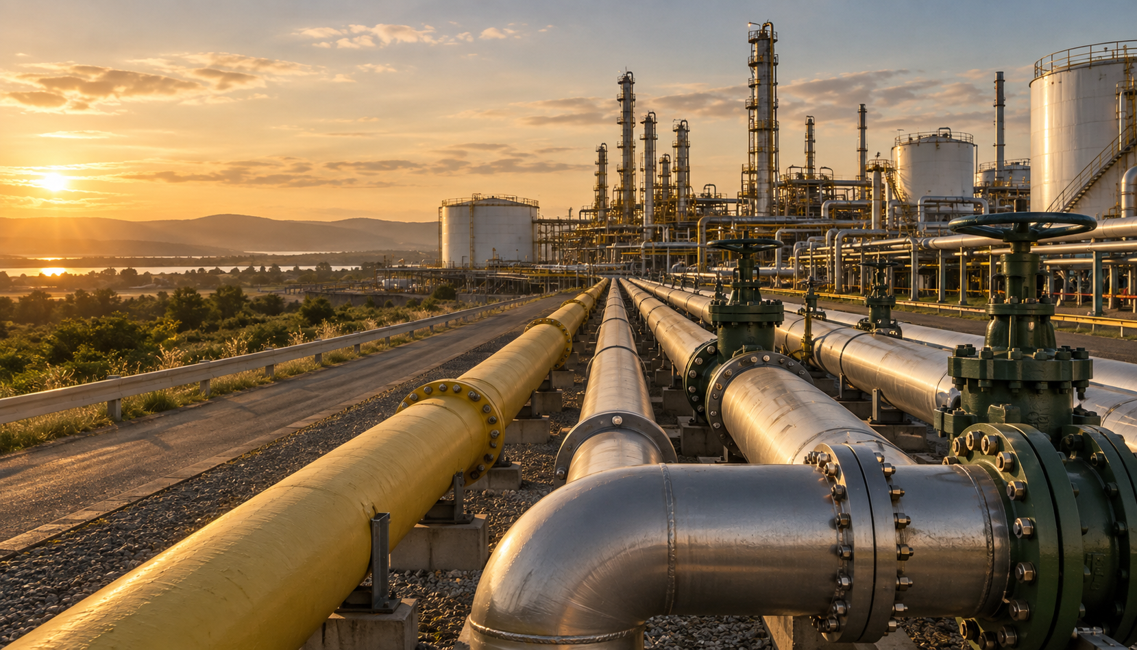 Illustrative pipelines and valves at an oil processing facility