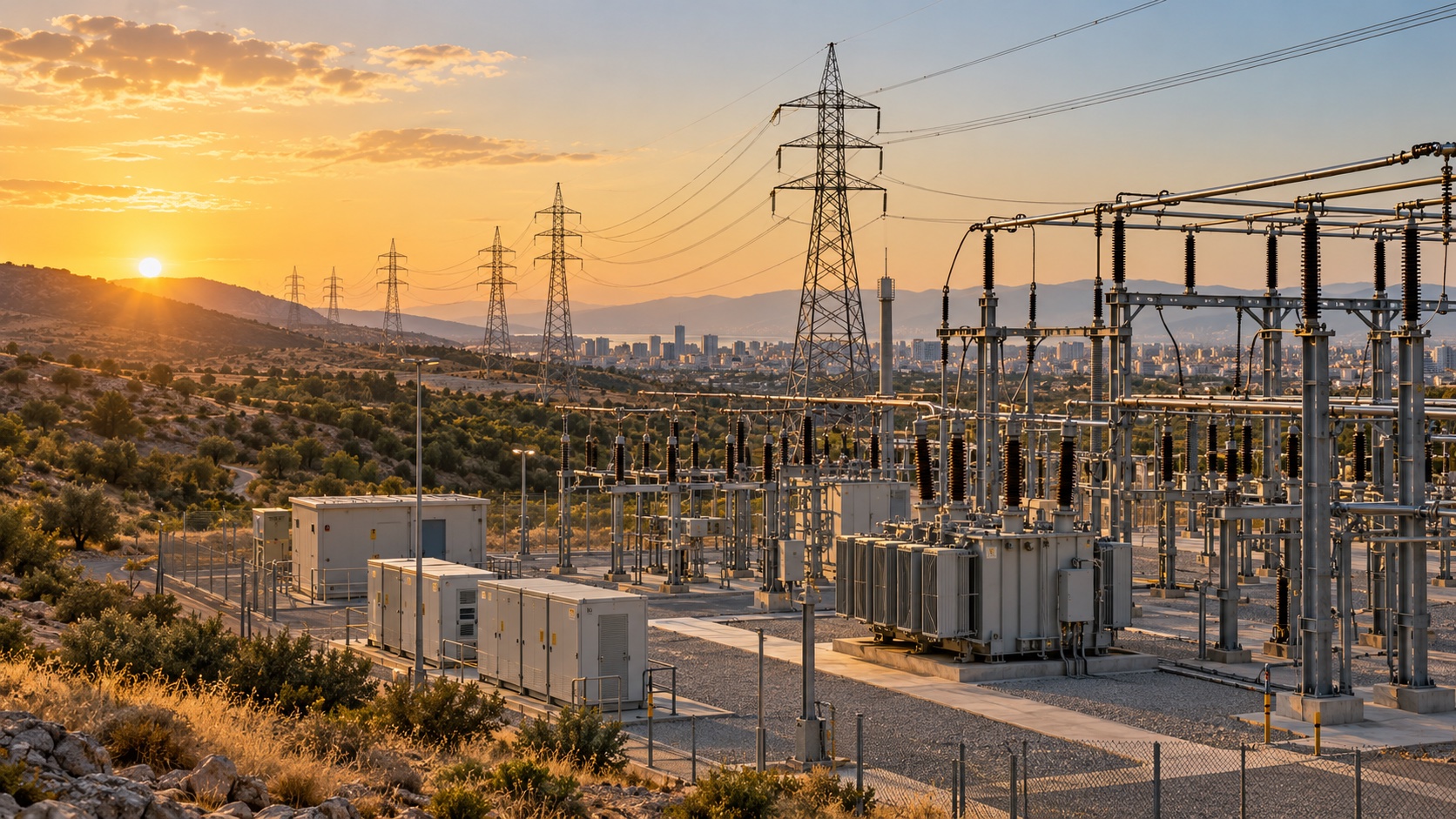 Illustrative electrical substation, transmission towers and interconnection lines with grid control equipment